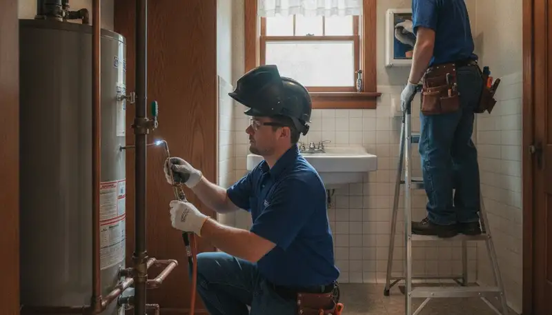 Milwaukee, WI plumber repairing a leak for a plumbing-repair service at a local home