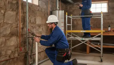 Milwaukee, WI plumbing repair team fixing a residential pipe leak and inspecting plumbing systems