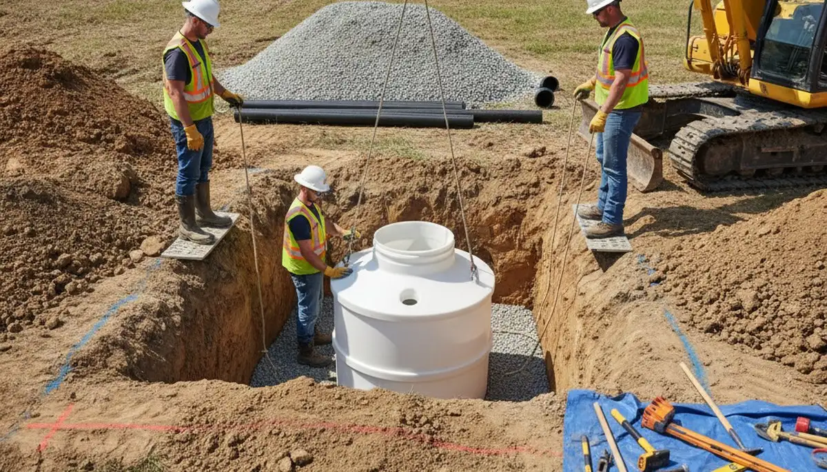 Milwaukee, WI plumbers installing a septic tank for a residential plumbing service job