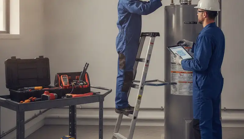 Milwaukee, WI plumber repairing a water heater for reliable home service on a cold winter day